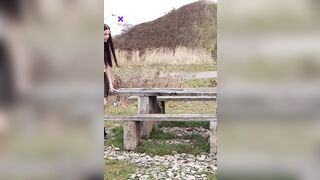 This feisty brunette is pissing outdoors while casually sitting on a bench, like no fucking public bathroom was ever invented. – @l..pissing’s Sex Reel