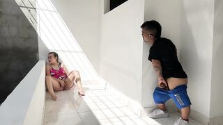 I hear some exciting moans and see my sexy stepsister masturbating; I get horny and decide to lower his horn.